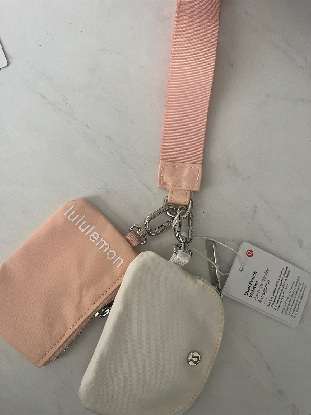 Lululemon athletica dual pouch keychain  purse White Wristlet Set logo silver